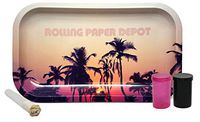 Mei Hua Rose Tip Packable Cigarette Tube (Elements Rolling Paper and Hemp Tip), Small Flip Top Storage Container (2 Pack), with Rolling Paper Depot Rolling Tray (Retro Palms) - 4 Item Bundle