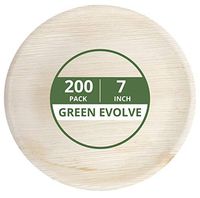 Green Evolve 810017651788 Palm Leaf Set (200 Pack) | 7" Salad or Dessert Plates | Heavy Duty Ecofriendly Disposable Dinnerware |, 7" Round, Light Brown