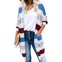 HNTDG Women Striped Cardigan Long Sleeve Colorblock Knit Lightweight Sweaters with Pocket Casual Outerwear Blue