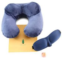 TMMLOVE Soft Velvet Inflatable Neck Support Pillows  with Corded Earplugs, 3D Eye Mask and Drawstring Bag (Blue)