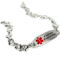 My Identity Doctor Custom Engraved Medical Bracelet 316L Stainless Steel Hearts, Round 2mm Cubic Zirconia - Wrist Size 7.75 Inch