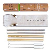 Reusable Straw Set: 2 Stainless Steel Straws + 2 Bamboo Straws + 2 Cotton Cleaning Brushes + Handcrafted Travel Case - For Hot And Cold Drinks, Portable, Perfect for Gift, by Earth Roots.