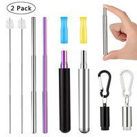 Portable Reusable Drinking Straws, 2pack Telescopic stainless steel Metal straws with Aluminum case, Collapsible Straw with Keychain Cleaning Brush Silicone Tips