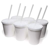 Rolling Sands 16oz Reusable Plastic Stadium White Cups with Lids, 6 Pack, USA Made. BPA-Free Dishwasher Safe Plastic Tumblers and Lids, Includes 6 Reusable Straws