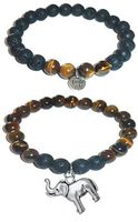 Hidden Hollow Beads Charm Tigers Eye and Black Lava Natural Stone Women's Yoga Beaded Stretch Bracelet Set. Comes in A Gift Box! (Elephant)