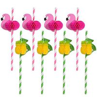 50 Piece Paper Straws 3D Decoration Pink Striped Degradable Straw Pink Green for Summer Vacation Party (Flamingo + Pineapple Design, 50)