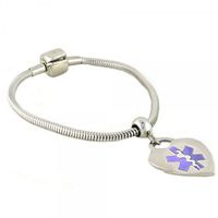 Pan-Dorra PRE-Engraved “Lymphedema Alert Right ARM” Stylish Medical Bracelet - Heart Purple Charm 7.50