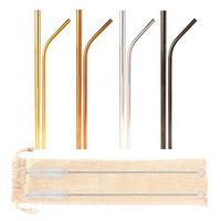 Set of 8 Colored Stainless Steel Drinking Straws - (4 x 8 mm x 215 mm Straight, 4 x 6 mm x 215 mm Bent, 2 Brushes to Suit. Black, Gold, Rose Gold, Silver