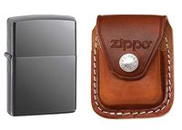 Zippo 150 Classic Black Ice Dark Chrome Windproof Lighter with Zippo Brown Leather Clip Pouch