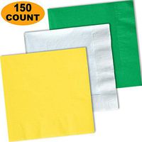 150 Lunch Napkins, Lemon Yellow, Bright White, Emerald Green - 50 Each Color. 2 Ply Paper Dinner Napkins. 6.5" folded, 13.5" unfolded.