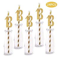 13th Birthday Paper Straw Decor, 24-Pack Real Gold Glitter Cut-Out Numbers Happy 13 Years Party Decorative Straws