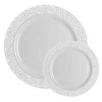 TTG 200-Piece Plastic Dinnerware Set | Lace Collection | (100) Dinner Plates & (100) Salad Plates | Heavy Duty Premium Plastic Plates for Wedding, Parties, Camping & More (White)