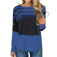 Meikosks Women's Bottoming T Shirt Long Sleeve Crewneck Blouses Stripe Color Block Tops Pullover Dark Blue