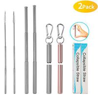 Portable Collapsible Reusable Drinking Straws, Foldable Telescopic Stainless Steel Straws with Aluminum Case to Keep Clean and Cleaning Brush (Silver+Rose gold)