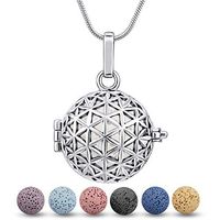 INFUSEU Flower of Life Essential Oil Diffuser Necklace Lava Rock Stone Aromatherapy Pendant Locket Perfume Women Jewelry Silver Plated