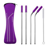 Finance Plan Set of 4 Reusable Stainless Steel Metal Straws Silicone Tips Cover Stainless Steel Straight Bent Straw Purple