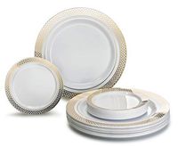 " OCCASIONS" 240 Plates Pack, Heavyweight Premium Disposable Plastic Plates Set 120 x 10.5'' Dinner + 120 x 6.25'' Dessert/Cake Plates (Celebration White & Gold)