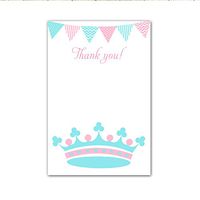 30 Blank Thank You Cards Notes Birthday Party Baby Girl Shower Princess Pink Aqua Blue Flag Banner Crown Design + 30 White Envelopes