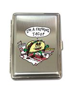 Freakin Taco Funny Mexican Food Cartoon Humor - Metal Kings Size Cigarette Case Holder Brushed Chrome Slim 16 Cigs Design Spring - Birthday, Bachelor, Party, Weddings, Gift