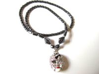 Hematite Necklace with Color Enamel and Rhinestone Opera Mask Pendant Mardi Gras (Alabaster and Black)
