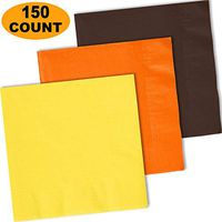 150 Lunch Napkins, Lemon Yellow, Pumpkin Orange, Brown - 50 Each Color. 2 Ply Paper Dinner Napkins. 6.5" folded, 13.5" unfolded.