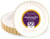 Disposable Plastic Salad Plates - 50 Pack 7.5” Ivory Round Dessert Plate with Elegant Gold Flower Rim Design for Wedding, Birthday, Dinner Party - by Elite Selection