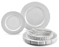 " OCCASIONS" 150pcs set (25 Guests)-Extra Heavyweight Vintage Wedding Disposable/Reusable Plastic Plates -25 x 11'' + 25 x 8.25'' +Silverware (Chateau Collection in Light Gray)
