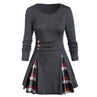 Aniywn Women's Long Sleeve Pullover Tunics Tops Crew Neck Button Plaid Pleated Hooded Sweatshirt Gray