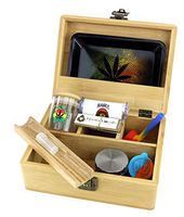 GStar NeverXhale Lockable Bamboo Stash Box Combo Kit With 2.2" Chromium Crusher Grinder, Silicone Pipe & Container, Glass Jar, Aluminum Rolling Tray, Premium Rolling Paper, Cigarette Roller & More