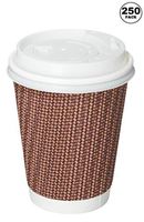 [250 PACK] 12 oz RippIe Wall Insulated Disposable Paper Coffee Cups with White Dome Lids - Double Walled Rippled Disposable Coffee Hot Tea Cups - Bio Degradable Eco Friendly Hot Beverage, To Go, Bulk