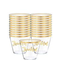 Thanksgiving Thankful Clear Disposable Cups Metallic Gold Trim 9 Ounce 30 Count Party tumblers