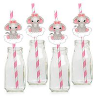 Pink Elephant Paper Straws - Girl Baby Shower Decorations Supplies - Set of 24