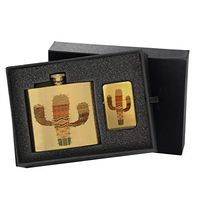 Southwest Cactus Pattern - Gold Lighter and Pocket Hip Liquor Flask Survival Camping Gift Box Set