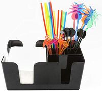Bar Caddy (6 Compartments) – Bar Supplies Included – All Set and Ready To Go – Includes Napkins, Cocktail Straws, and Swizzle Sticks – Heavy Duty Refillable Bar Organizer (Black)
