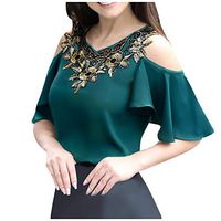 Meikosks Women's Embroidery Patchwork T Shirt Hollow Out Short Sleeve Blouses V-Neck Tops Green