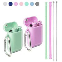 Yoocaa Reusable Silicone Collapsible Straws - 2 Pack Portable Drinking Straw with Colorful Carrying Case and Cleaning Brush, BPA Free - Green Purple