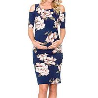 Jeash Women Maternity Cold Shoulder Sides Wrinkle Dress Pregnancy Fitted Floral Print Sundress (XL) Navy