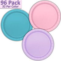 96 Paper Dinner Plates (9") - Light Pink, Aqua, Lavender - 32 Per Color, 3 Colors - Great Assortment for Birthday Parties, Weddings, Holidays, Baby Shower, Celebrations, and more