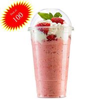 Disposable Plastic Cups with Lids by Green Direct - 20 oz. Party Cup with Dome lids for Cold Drinks - Bubble Boba - Iced Coffee - Tea - Smoothie Pack of 100