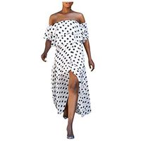 Sunhusing Women's Sexy Word Shoulder Ruffled Short Sleeve Large Wave Dot Printed Boho Irregular Long Dress(White,M)