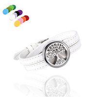 constantlife Tree of Life Stainless Steel Fragrance Jewelry Adjustable Genuine Leather Band Bracelet Essential Oil Diffuser with 12 Pads (White)