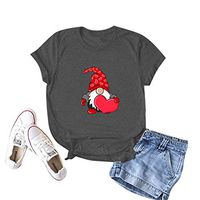 Amlaiworld Women Plus Size Tops Valentine's Day Shirt Casual Heart Print Slim Short Sleeve T-Shirt Top Dark Gray