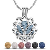 INFUSEU Lava Stone Essential Oil Diffuser Necklace Lotus Blossom Aroma Therapy Jewelry set for Women, 5 PCS Lava Rocks, 24" Snake Chain
