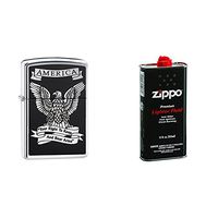 Zippo American Eagle Pocket Lighter, High Polish Chrome with 12 oz Lighter Fluid
