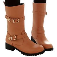 Veodhekai Women Belt Buckle Boots Student Casual Middle Tube Large Size Boots Flats Boots Students Shoes Brown