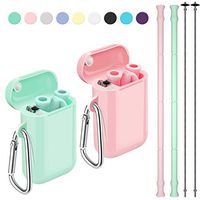 Reusable Straws, Funbiz 2 Pack Portable Silicone Collapsible Straw with Case and Extra Long Cleaning Brush for Kids Adult, BPA Free Foldable Travel Drinking Straws for Smoothie Coffee, Green & Pink