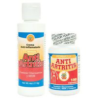 Anti Artritis tratamiento de Crema y capsulas con Glucosamina, Condroitin y Colageno. Alivia Dolor en coyunturas, huesos, reumas.