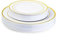 Laura Stein Designer Dinnerware Set of 80 Premium Plastic Wedding/Party Plates: White, Gold Rim. Set Includes 40 10.75" Dinner Plates & 40 7.5” Salad Plates | Classic Series
