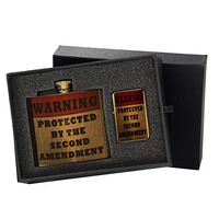 Protected by The Second Amendment - Gold Lighter and Pocket Hip Liquor Flask Survival Camping Gift Box Set