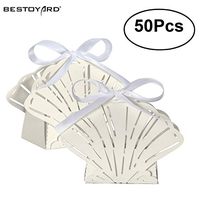 ShineBear 50pcs Laser Cut Sea Shells Beach Themed Wedding Birthday Party Favor Candy Gift Boxes Bomboniere Gags (White)